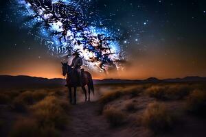 landskap med mjölkig sätt. cowboy med hans häst. neuralt nätverk ai genererad foto