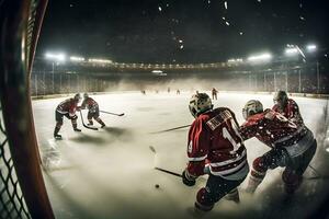 is hockey målvakt spelare på mål i handling. neuralt nätverk ai genererad foto