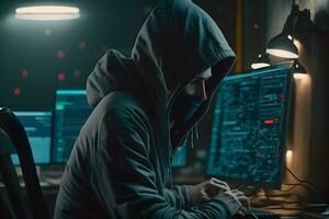 farlig huvor hacker bryter in i regering data servrar och infekterar deras systemet med en virus. neuralt nätverk genererad konst foto