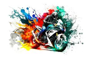klistermärke av cyklist på sport motorcykel i vattenfärg stil på vit bakgrund. neuralt nätverk genererad konst foto