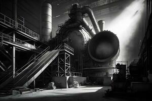 metall tillverkning fabrik byggnad med maskineri i dagtid. neuralt nätverk genererad konst foto
