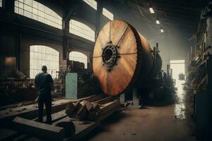 träbearbetning sågverk produktion och bearbetning av trä- styrelser i en modern industriell fabrik hopsättning linje i produktion. neuralt nätverk genererad konst foto