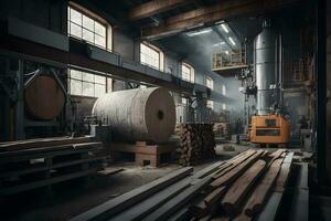 träbearbetning sågverk produktion och bearbetning av trä- styrelser i en modern industriell fabrik hopsättning linje i produktion. neuralt nätverk genererad konst foto