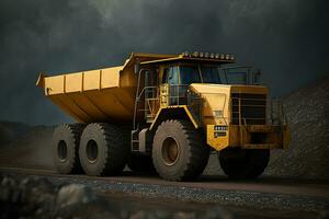 öppen grop mina, extraktiv industri för kol. stor gul brytning lastbil maskineri för kol stenbrott. neuralt nätverk genererad konst foto