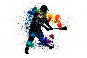 baseboll spelare med flerfärgad vattenfärg stänk, isolerat på vit bakgrund. neuralt nätverk genererad konst foto