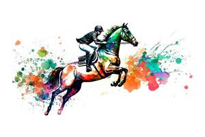 lopp häst med jockey på vattenfärg stänka ner bakgrund. neuralt nätverk genererad konst foto