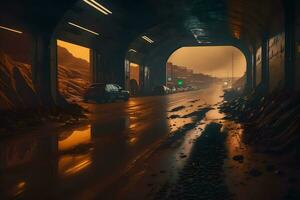 postapokalyptisk tunnel efter regn med orange radioaktiv damm. neuralt nätverk ai genererad foto