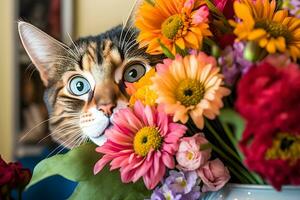 porträtt av en tabby katt i gräs och blommor. neuralt nätverk ai genererad foto