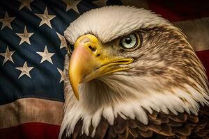 ett arg norr amerikan skallig Örn på amerikan flagga. neuralt nätverk ai genererad foto