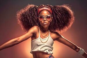 ung afrikanska amerikan kvinna dansare dans höft hopp dansa. neuralt nätverk ai genererad foto