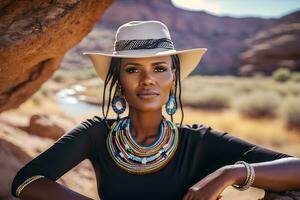 porträtt av en skön afrikansk kvinna i etnisk stil. neuralt nätverk ai genererad foto