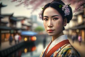 porträtt av en japansk kvinna i nationell kläder. neuralt nätverk ai genererad foto