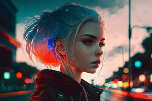 en skön cyberpunk flicka står mot de bakgrund av de natt stad av de framtida. cyberpunk begrepp. neuralt nätverk ai genererad foto