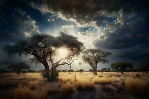 soluppgång över de savann och gräs fält i söder afrika med molnig himmel. neuralt nätverk ai genererad foto