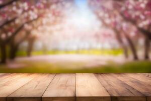 vår säsong- av rosa sakura gren med trä- tabell stå, blomma bakgrund. neuralt nätverk ai genererad foto