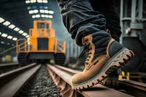 närbild säkerhet arbetssätt sko på en arbetstagare fötter är stående på de fabrik. neuralt nätverk ai genererad foto