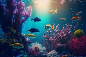 aqua scen med koraller och många fisk på blå under vattnet bakgrund. neuralt nätverk genererad konst foto