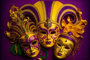 grupp av venetian mardi gras mask eller maskera på en färgrik ljus bakgrund. neuralt nätverk genererad konst foto