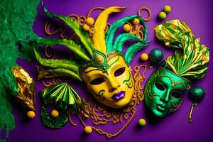 grupp av venetian mardi gras mask eller maskera på en färgrik ljus bakgrund. neuralt nätverk genererad konst foto