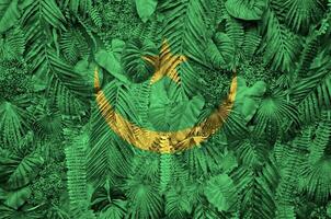 mauretanien flagga avbildad på många leafs av monstera handflatan träd. trendig modern bakgrund foto