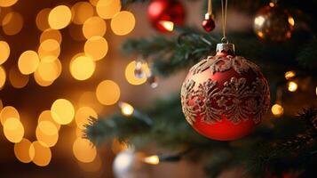 festlig lampor och ornament på jul träd foto