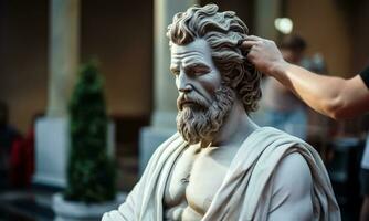 marmor gammal grekisk staty i de skönhet salong har frisyr foto