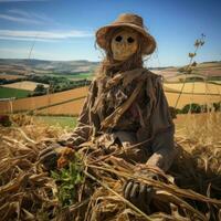 scarecrow bevakning de fält i de landsbygden. foto