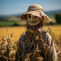 scarecrow bevakning de fält i de landsbygden. foto