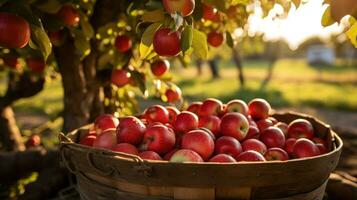 skörd äpplen i ett fruktträdgård foto
