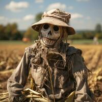 scarecrow bevakning de fält i de landsbygden. foto