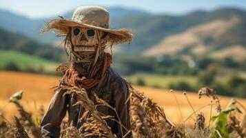 scarecrow bevakning de fält i de landsbygden. foto