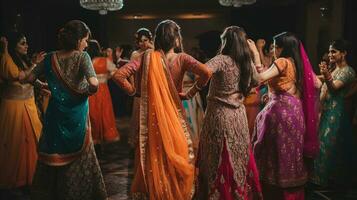 indisk brud- och brudtärnor dansa sangeet ceremoni, generativ ai foto