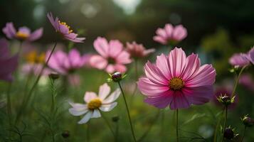 skön kosmos blommor blomning i trädgård, generativ ai foto