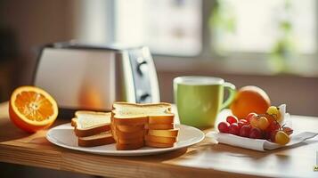 eras tabell för frukost med rostat bröd, kaffe och frukt, ai generativ foto