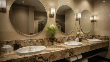 interiör av en lyx hotell badrum med beige marmor väggar. ai generativ foto