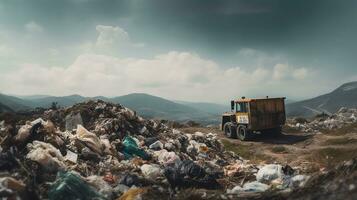 förorening problem, berg sopor i kommunal deponi för hushåll avfall, generativ ai foto