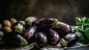 knippa av mogen organisk polerad äggplantor lagd i sammansättning på gruntade sten bakgrund. aubergine grönsaker på tabell disken. generativ ai foto