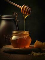 burk av honung honung är hällde från en trä- slev. generativ ai foto