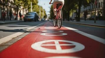 en kvinna cykling längs de röd cykel körfält, följande de spår av cykel tecken. generativ ai foto