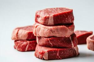 nötkött gryta biff stack av röd rå nötkött biffar på de vit bakgrund, i de stil av fokus stapling. generativ ai foto