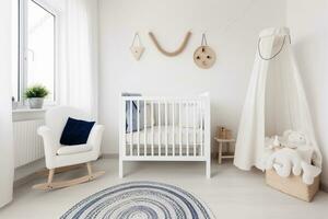 unisex- minimalistisk barnkammare visa upp en vit spjälsäng och eleganta accenter. generativ ai foto