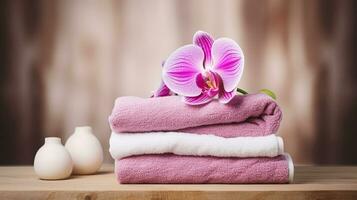 spa handdukar på trä- tabell och orkide över abstrakt bakgrund. generativ ai foto