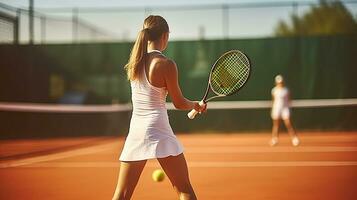 ung kvinna spelar tennis på domstol, generativ ai foto