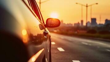 solnedgång i de stad, sommar solnedgång på de motorväg bilar. stänga upp från bil sida spegel, generativ ai foto