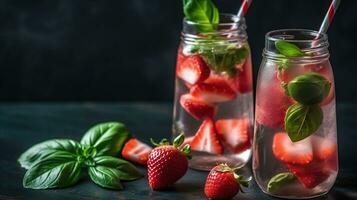 uppfriskande fusion, jordgubb och basilika infuserad vatten - en brista av smaker. generativ ai foto