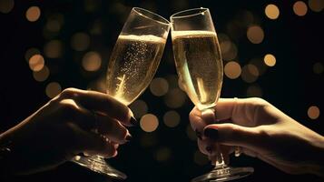 en rostat bröd till ny början, två glasögon av champagne omfamning de natt av firande. generativ ai foto