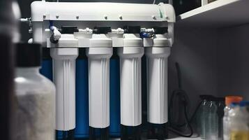 Hem vatten filtrering systemet. osmos avjonisering systemet. vatten behandling vitvaror, ultrafiltrering bakgrund. generativ ai foto