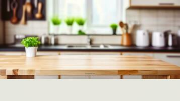 trä- bordsskiva uppsättning mot en suddig kök och fönster scen. generativ ai foto