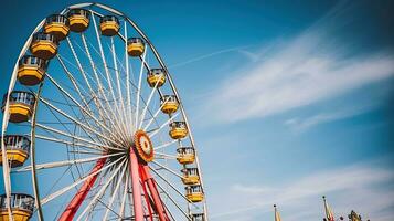 en fängslande se av en ferris hjul mitt i en omfattande blå himmel. generativ ai foto