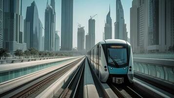 metro järnväg bland bland glas skyskrapor i stad. framtida begrepp, stadsbild horisont. urban bakgrund. generativ ai foto